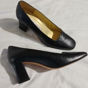 VTG Ann Marino 6 1/2 Black Leather Square-Toe 3" Heel Block Heel Classic